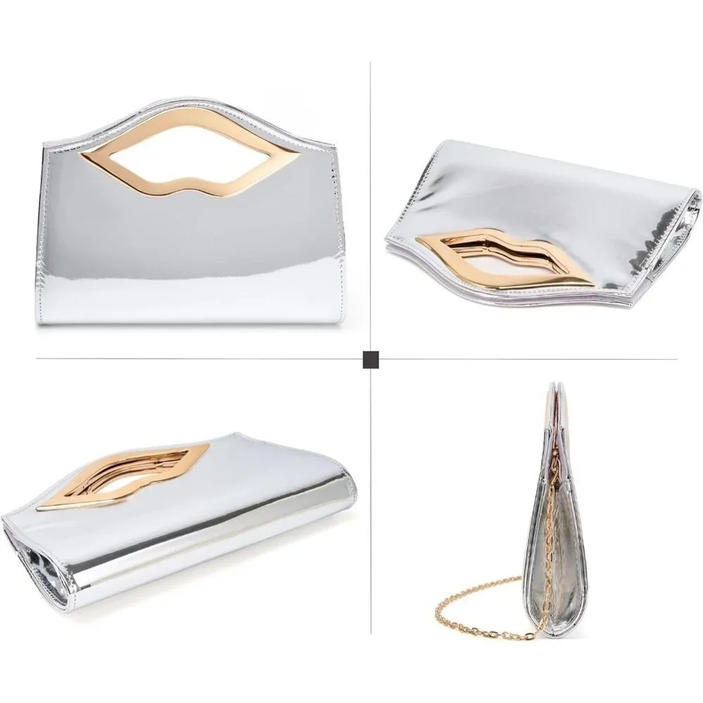 Women's Silver PU Leather Acrylic Hardware Glossy Hard Shell Party Formal Clutch